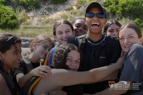 Kids hugging a councillor at Camp DeWolfe, text: "2024, Episcopal Ministries of Long Island"